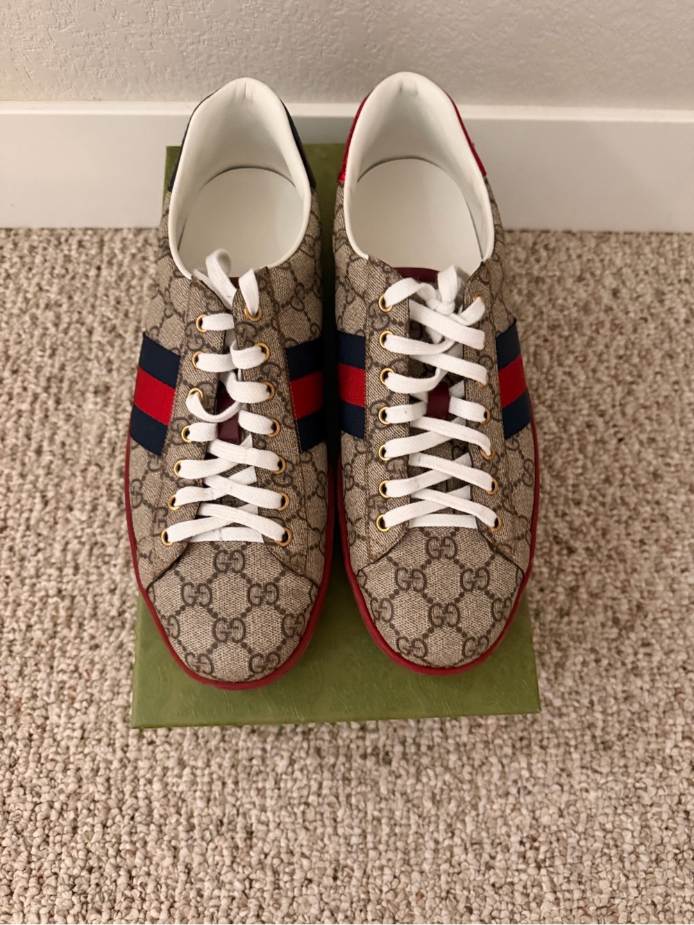 Gucci Beige GG Supreme Canvas Sneaker with Red & Blue Web Stripe